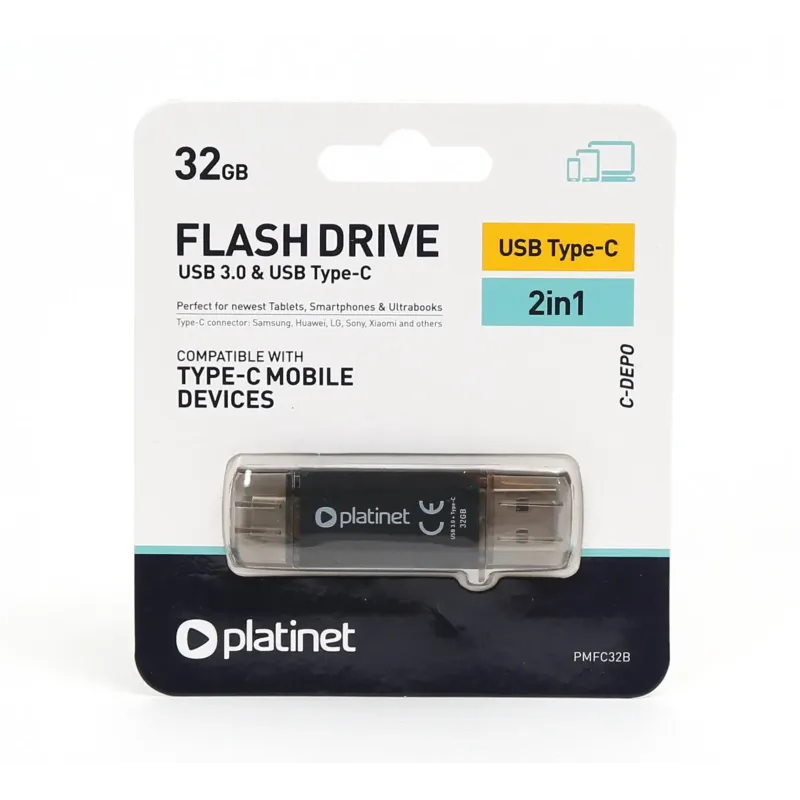 Memorie Stick USB 3.0 & Tip-C 2in1, 32GB, PLATINET PMFC32B, Negru