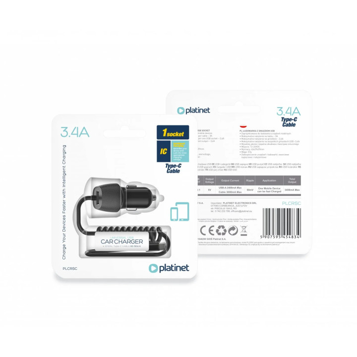 Incarcator Auto cu Incarcare Inteligenta PLATINET, USB,  PLCRSC, Negru