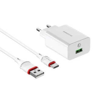 Incarcator de Perete BOROFONE BA21A, Quick Charger 3.0, Iesire USB-A 3A 18W, Alb, 1m