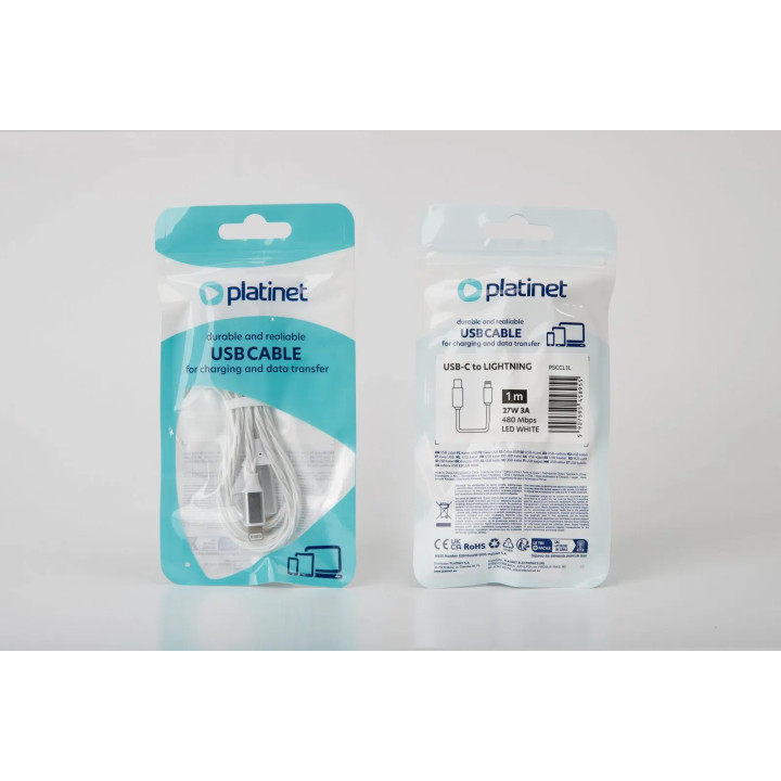 Cablu USB Tip-C la Lightning PLATINET PSCCL1L, 3A, 480 Mbps, 1m, cu Iluminare