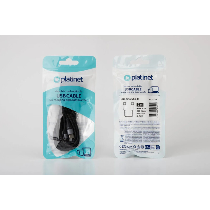 Cablu USB Tip-C la USB Tip-C PLATINET PSCCC220B, Negru, 2m, 2.1A