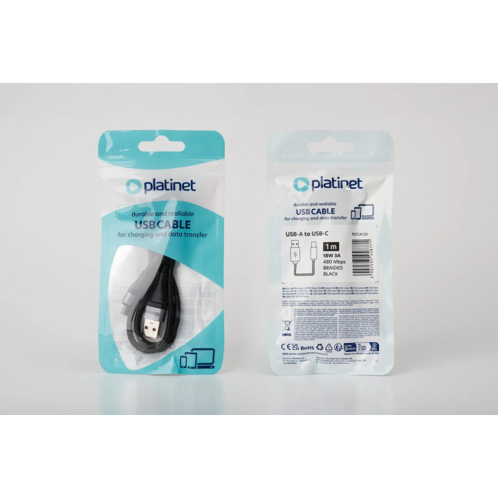 Cablu USB-A la USB Tip-C PLATINET PSCCA120, Negru, 1m, 3A