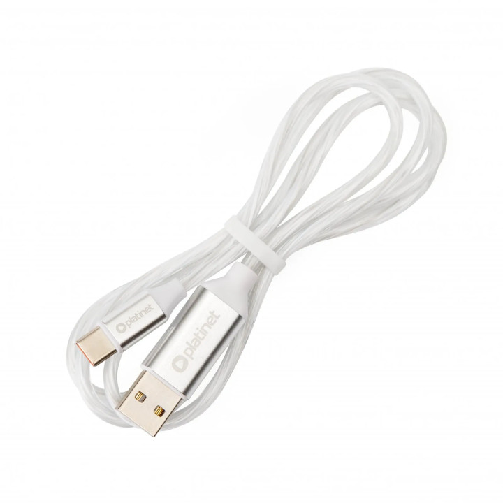 Cablu USB-A la Usb Tip-C PLATINET, PSCA1LW, 1M, 3A, Alb, cu Iluminare
