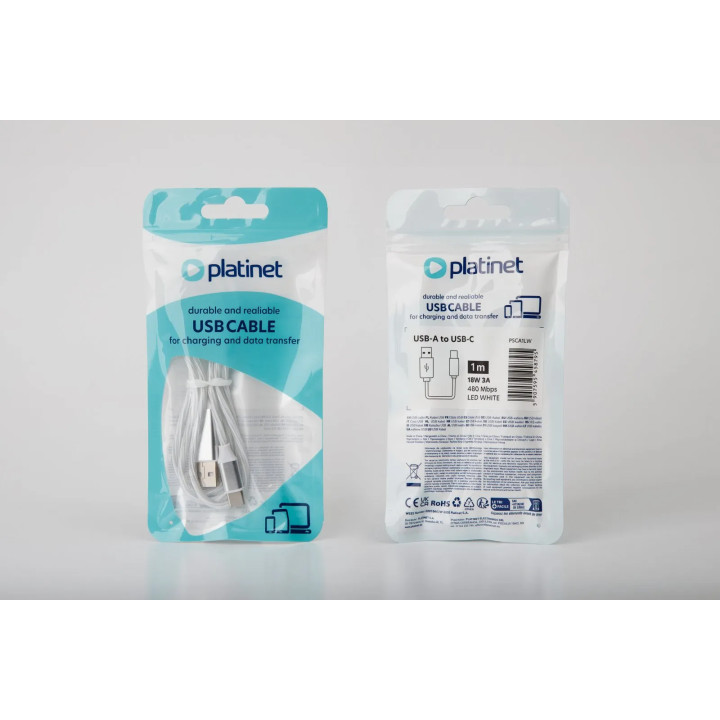 Cablu USB-A la Usb Tip-C PLATINET, PSCA1LW, 1M, 3A, Alb, cu Iluminare