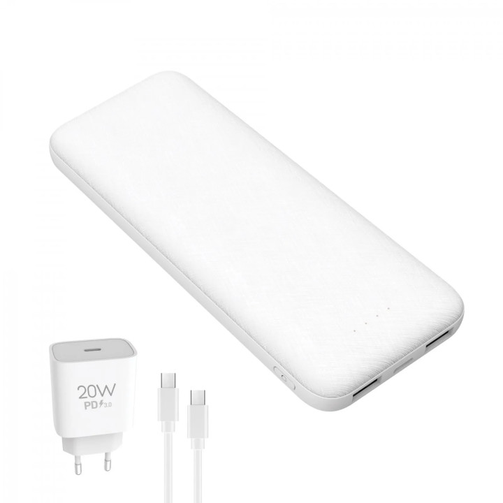 Set Powerbank Baterie Externa PLATINET 10000 mAh Li-Ion PMPB10SETB + Incarcator de Perete 20W + Cablu USB-C la USB-C Alb