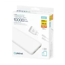 Set Powerbank Baterie Externa PLATINET 10000 mAh Li-Ion PMPB10SETB + Incarcator de Perete 20W + Cablu USB-C la USB-C Alb