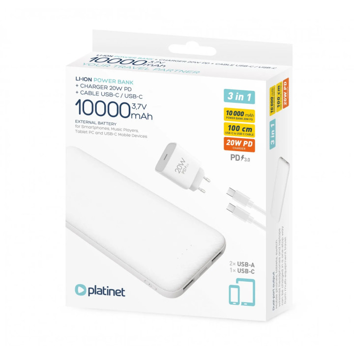 Set Powerbank Baterie Externa PLATINET 10000 mAh Li-Ion PMPB10SETB + Incarcator de Perete 20W + Cablu USB-C la USB-C Alb