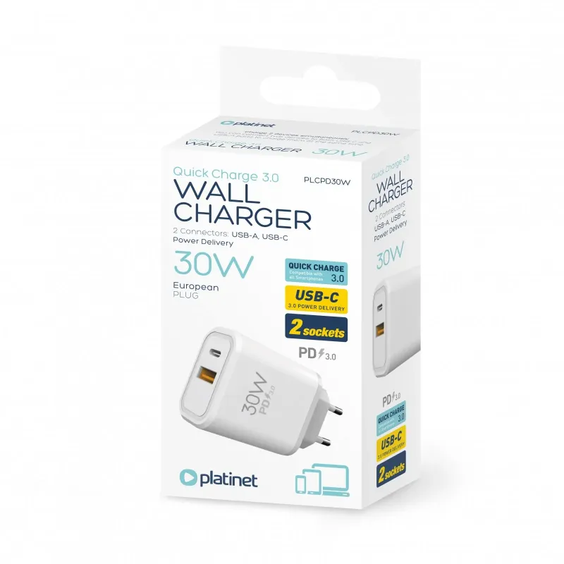 Incarcator de Perete USB-C si USB-A PLATINET PLCPD30W Alb 30W