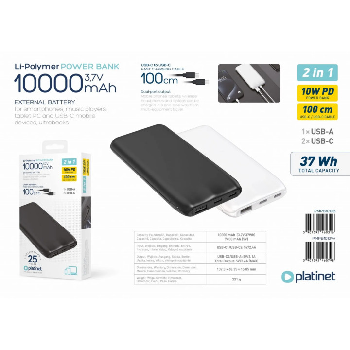 Baterie Externa Powerbank 10 000 mAh 10W PD 2x USB-C 1x USB-A negru