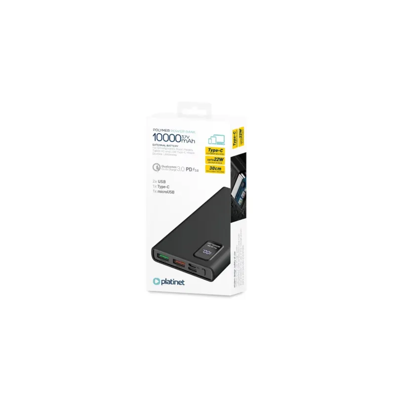 Powerbank, Platinet, 10000 mAh, 143 x 68 x 17 mm, Negru