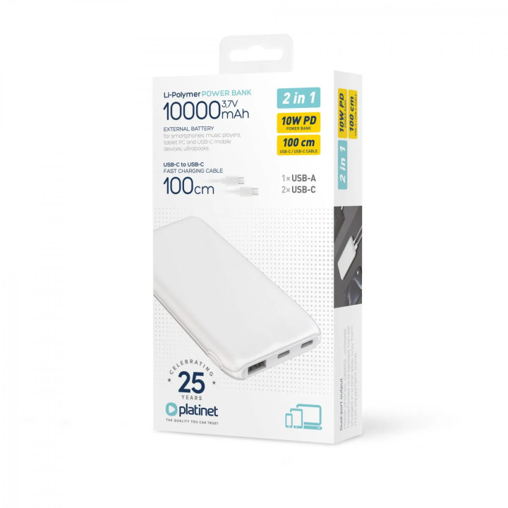Baterie Externa Powerbank 10 000 mAh 10W PD 2x USB-C 1x USB-A Alb