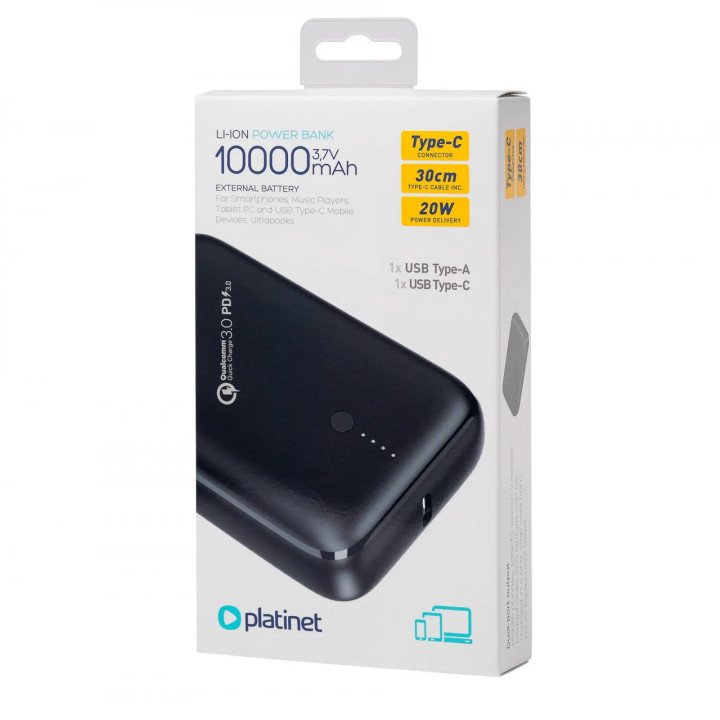 Powerbank Baterie Externa PLATINET 10000 mAh Li-Ion 20W PMPB10DL104B USB-A, USB-C negru