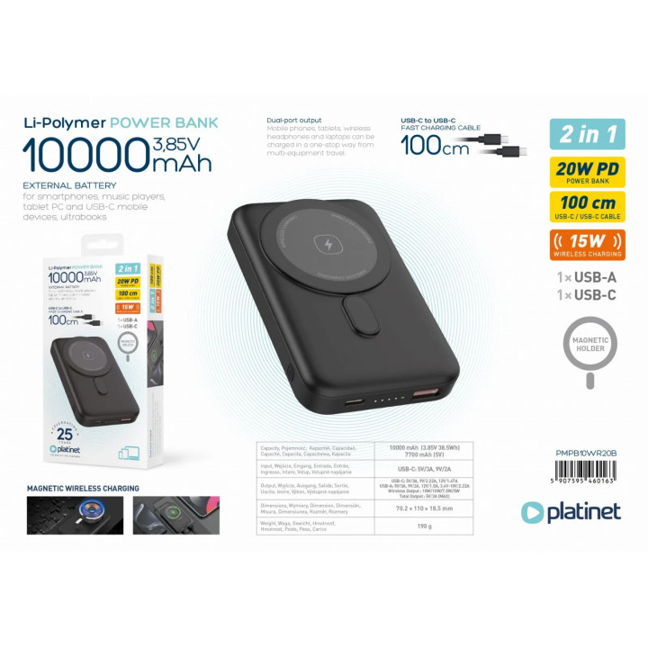 Powerbank Baterie Externa PLATINET MagSafe Wireless Charging 10 000 mAh 20W PD negru