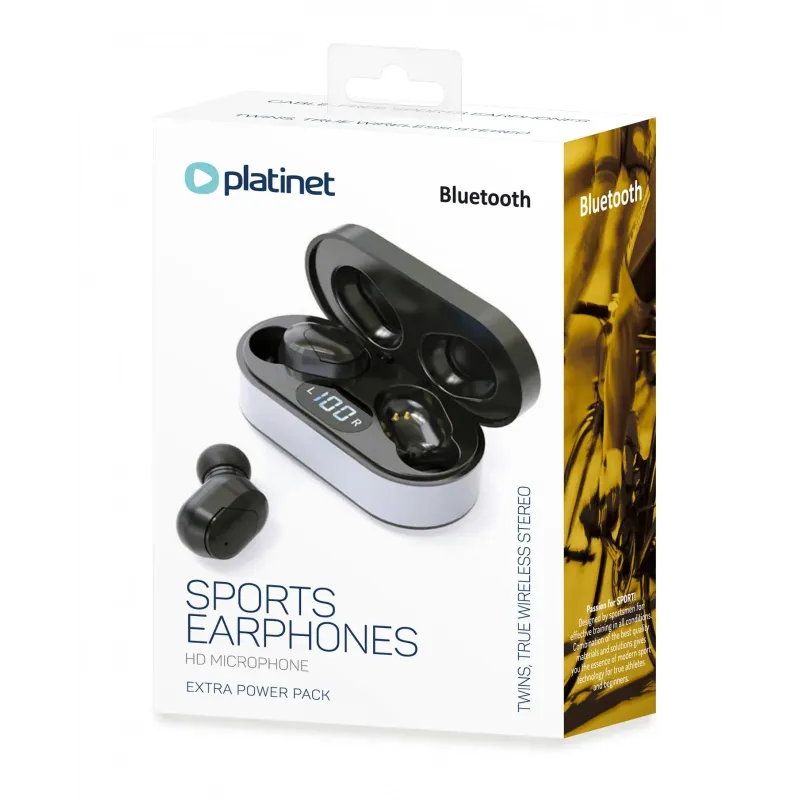 Casti Sport Wireless PLATINET, Extra Power, Negru, Bluetooth, Stereo, Cu Microfon