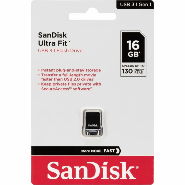 Stick USB SanDisk Ultra Fit, 16GB, USB 3.1 Negru