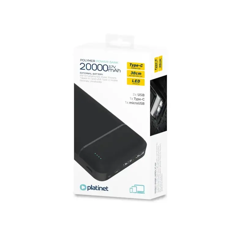 Powerbank Baterie Externa 20000mAh, 3.7V, PLATINET PMPB20W706B, Negru, USB Tip-C, USB-A, microUSB, Indicator LED