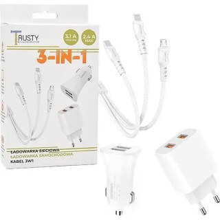 Set Incarcator Trusty 3 în 1: priza 2.4A + masina 3.1A + cablu USB 3 in 1