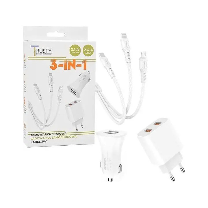 Set Incarcator Trusty 3 în 1: priza 2.4A + masina 3.1A + cablu USB 3 in 1