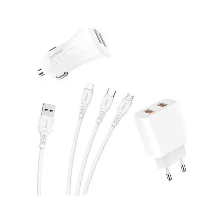 Set Incarcator Trusty 3 în 1: priza 2.4A + masina 3.1A + cablu USB 3 in 1