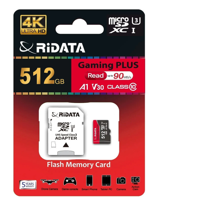 Card de Memorie RIDATA Micro SD XC 4K Gaming Plus, cu Adaptor, 512 GB