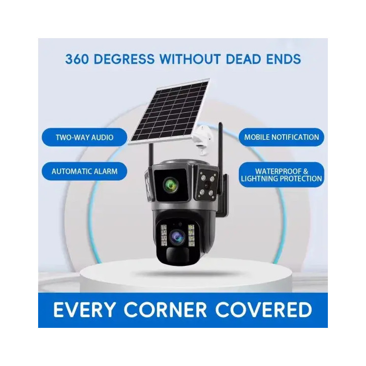Camera Supraveghere Tripla cu Panou Sola 6MP, UltraHD, Rotativa 360, Wifi/4G, Panou Solar, Night Vision, Detectie Umana