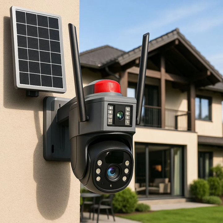 Camera de Supraveghere Solara 4G, 2 lentile, 360, Rezolutie 2K Ultra HD + CARD MICRO SD 64GB CADOU