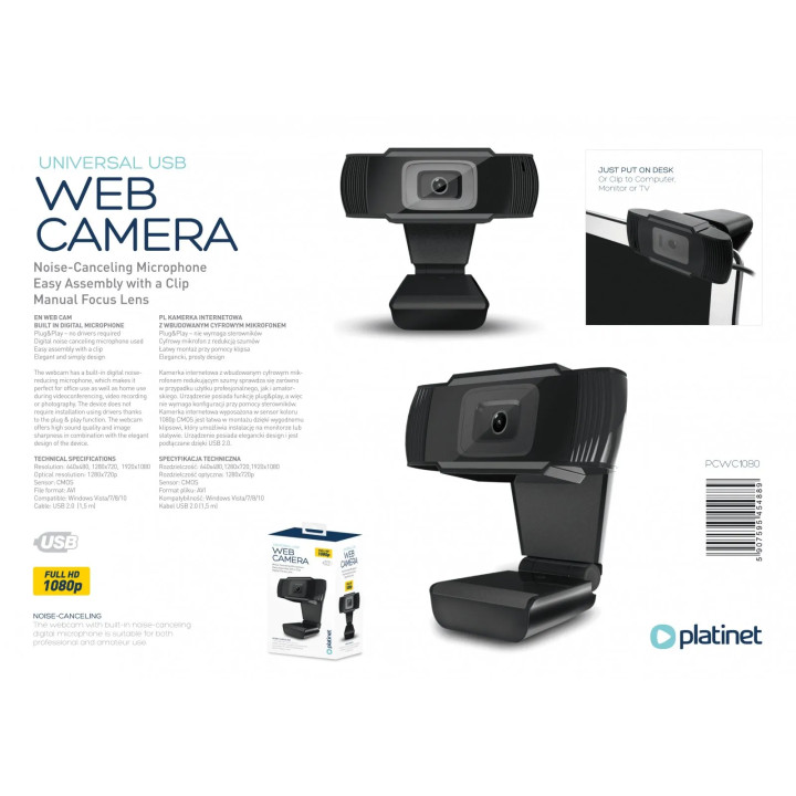 Camera Web 1080p PLATINET, PCWC1080, Negru