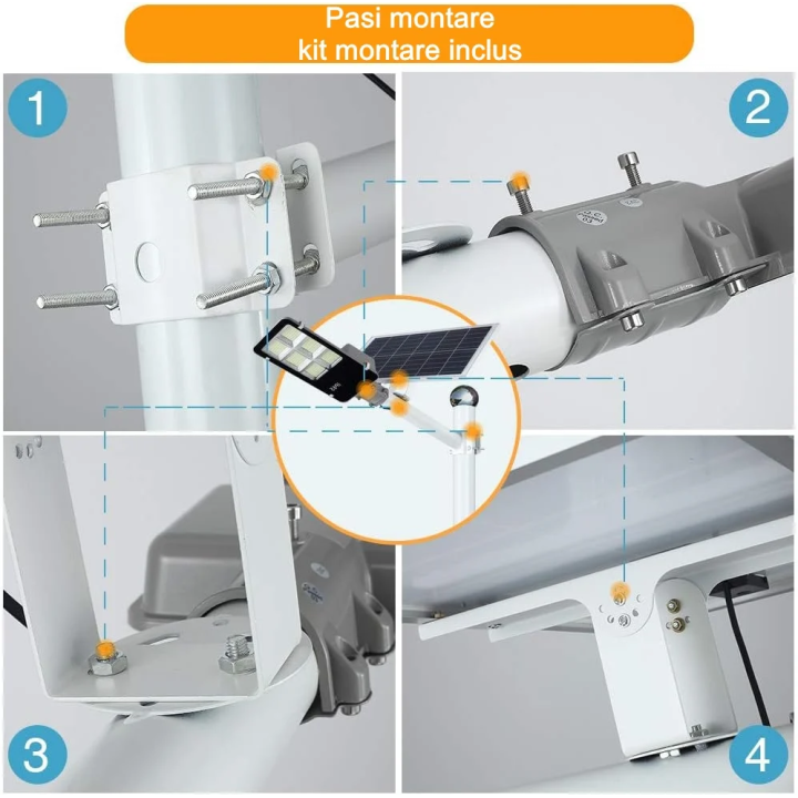 Lampa solara stradala IP65, senzor de lumina, 100 LED-uri SMD, 7200 lm, panou 12W, putere 80W, autonomie 12-16 ore