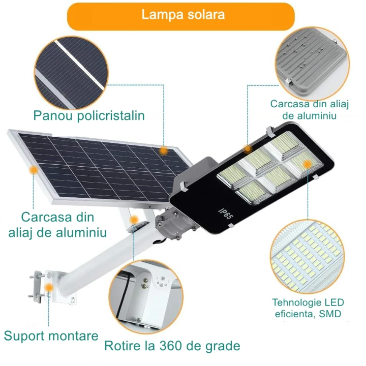 Lampa solara stradala IP65, senzor de lumina, 100 LED-uri SMD, 7200 lm, panou 12W, putere 80W, autonomie 12-16 ore