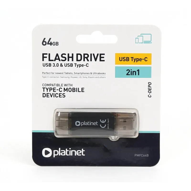 Memorie Stick USB 3.0 & Tip-C 2in1, 64GB, PLATINET PMFC64B, Negru
